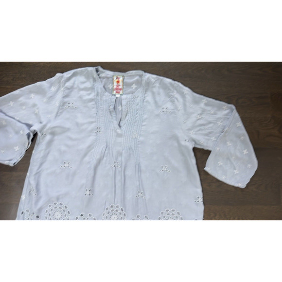 Johnny Was Embroidered Eyelet Blue Tunic Top Boho Sz M - Picture 4 of 5